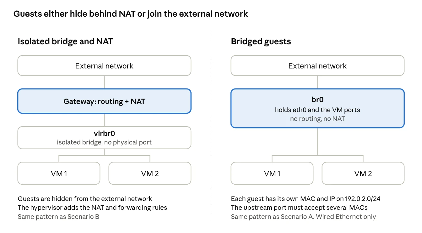 Scenario D · NAT bridge vs bridged guests